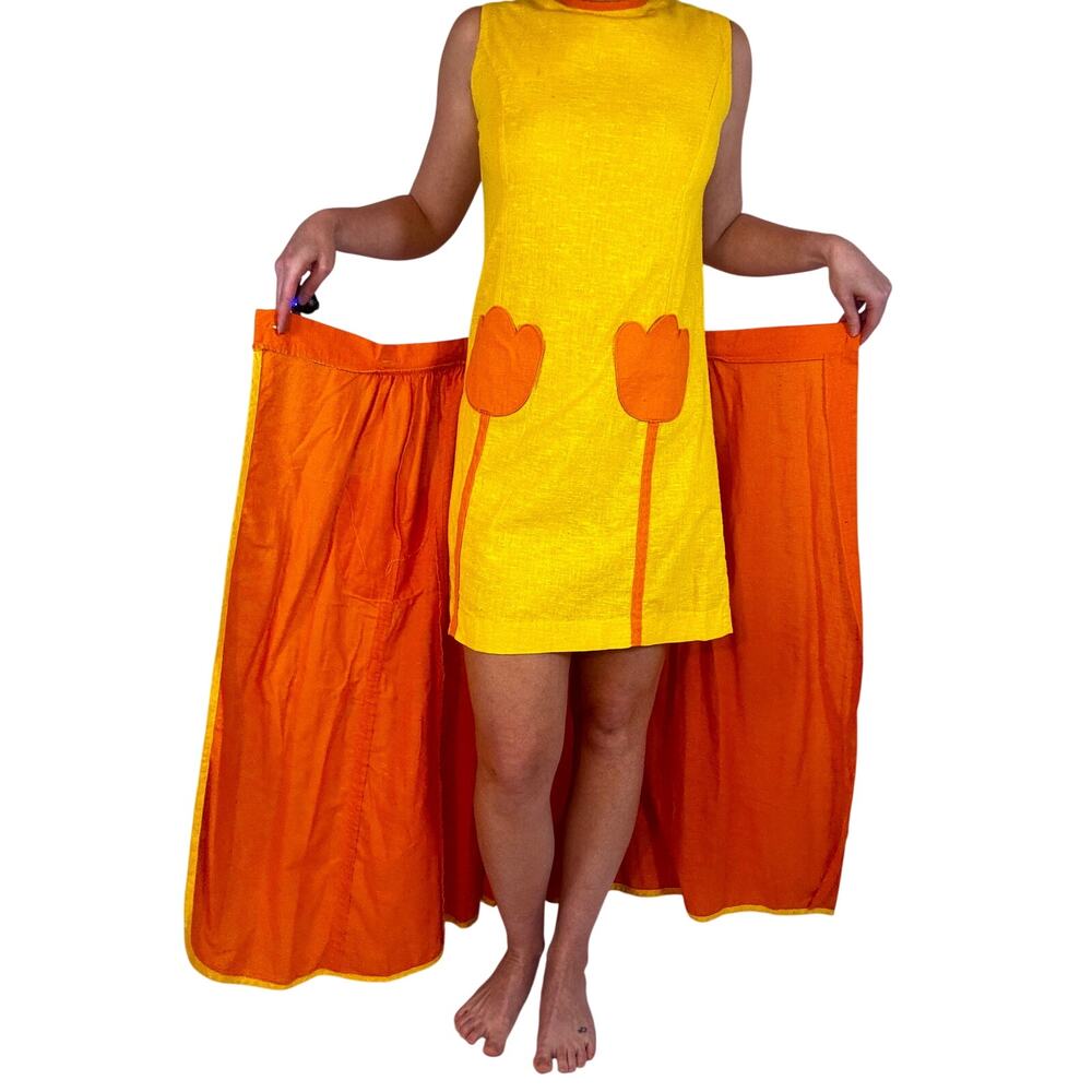 Vintage 1960s Mod Shift Dress Tear Away Skirt Set Yellow Orange Tulip Pockets - Picture 8 of 16
